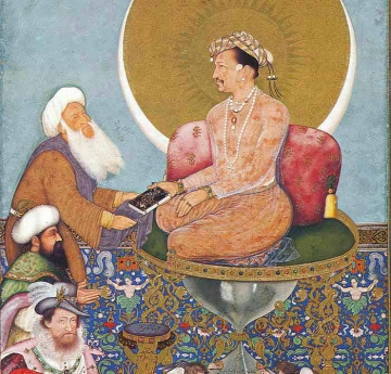 Painting of a man sitting on an hourglass